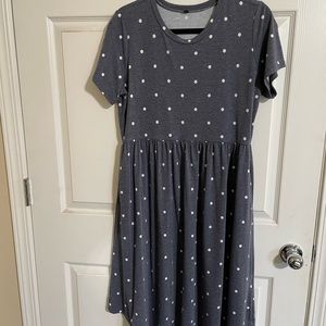 Gray dress with white polka dots.